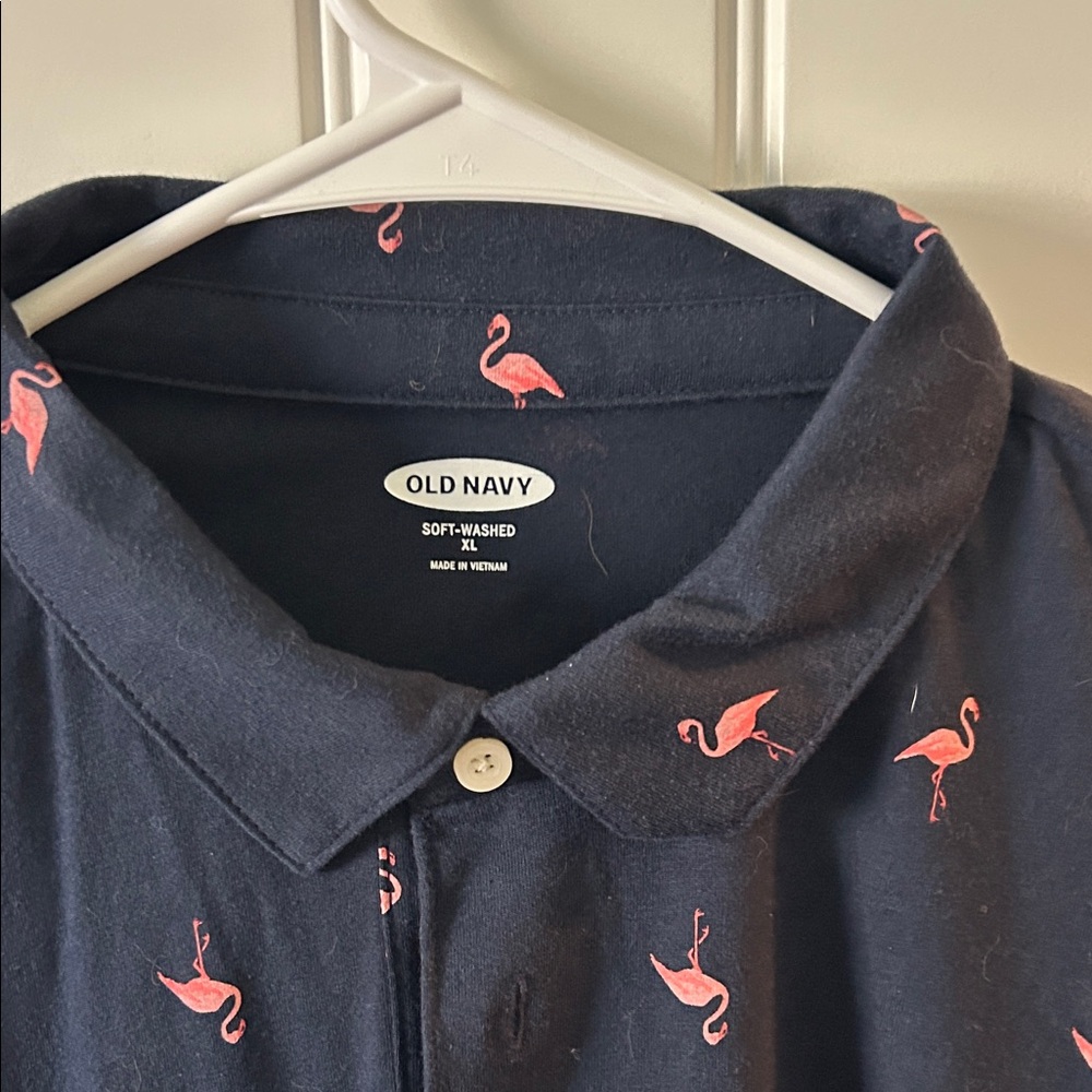 Old Navy Men's Dark Blue Shirt with Pink Flamingos